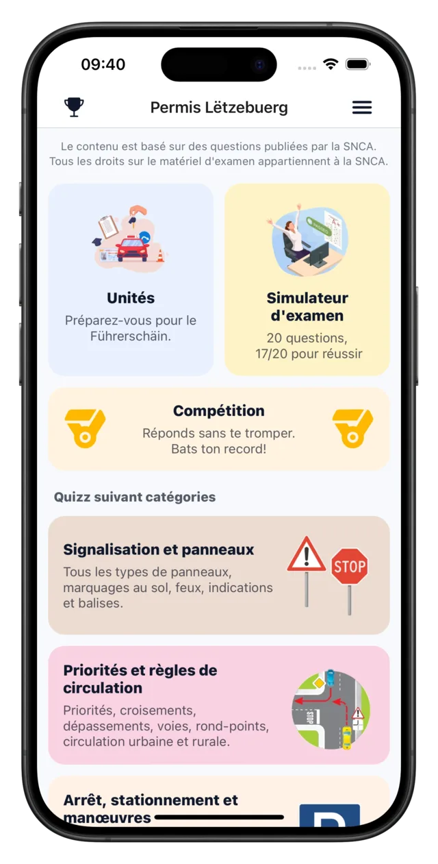 Écran d'accueil de l'application PermisLux