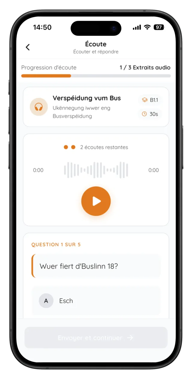 Écran de retour d'évaluation dans Sproochentest AI